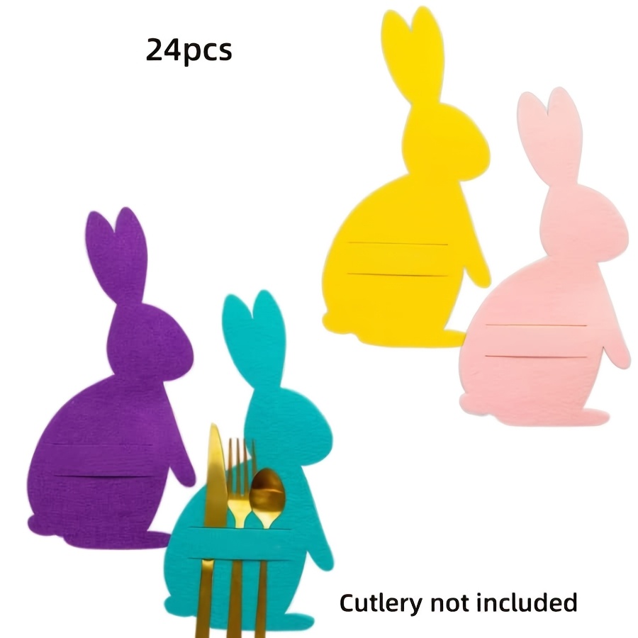 Image of 24pcs Easter Bunny Shaped Felt Utensil Pouches, Cartoon Multicolor Cutlery Storage Bags, Suitable For Restaurants And Kitchen Holiday Party Supplies