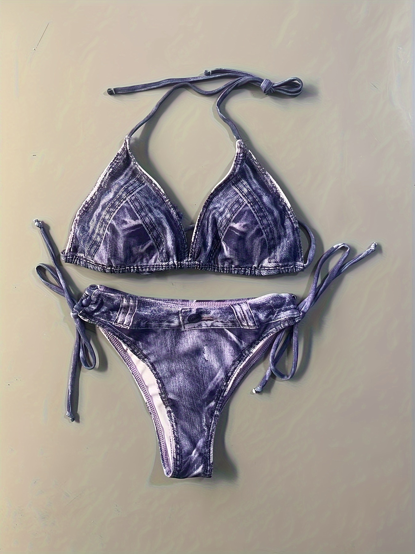 Faux Denim Print Triangle 2 Piece Set Bikini, Tie Strap Halter Backless Swimsuits, Women's Swimwear & Clothing