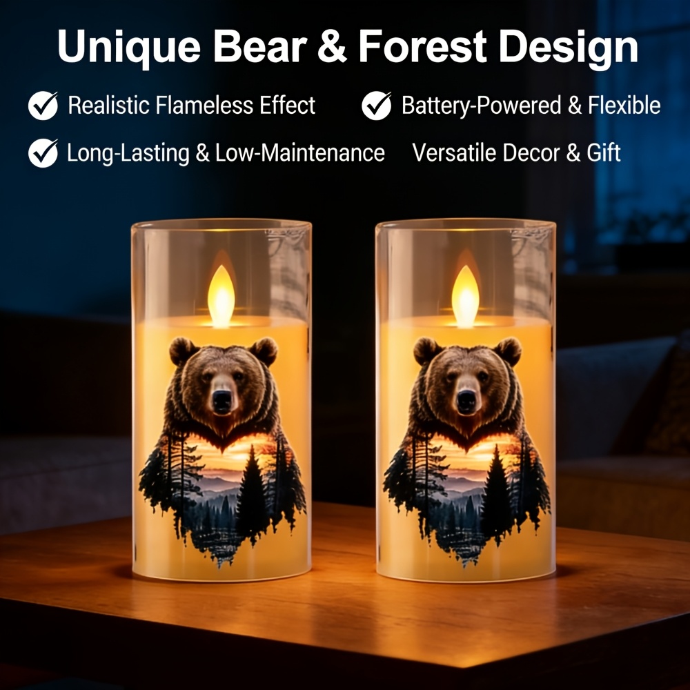 TEMU Bear & Forest Silhouette Flameless Led Candle Set, Vintage Wooden Cabin Style, Supply By Usb/battery, Simulated Flame Decorative Light, Suitable