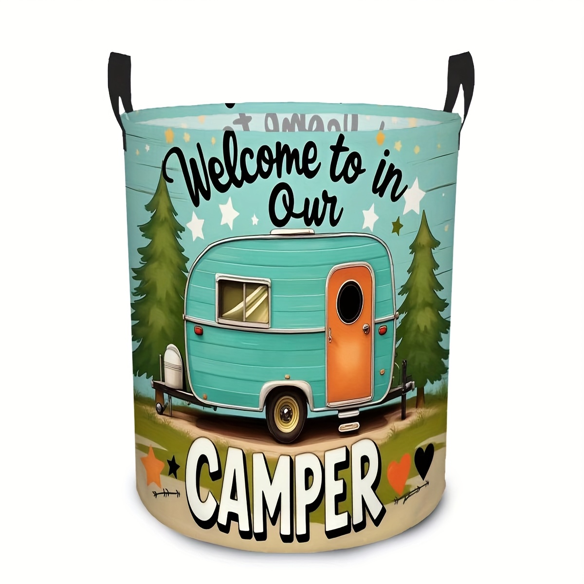 E-shop Ein Wäschekorb im Camping-Design – Dieser platzsparende, zusammenklappbare Wäschekorb mit Vintage-RV-Design ist aus strapazierfähigem Polyester