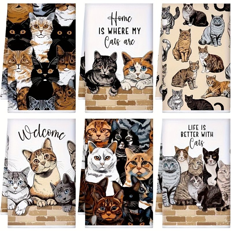 TEMU Lot de 6 torchons de cuisine sur le thème des chats - Chiffons à vaisselle en polyester avec et phrases de chats ludiques, style rétro pour la