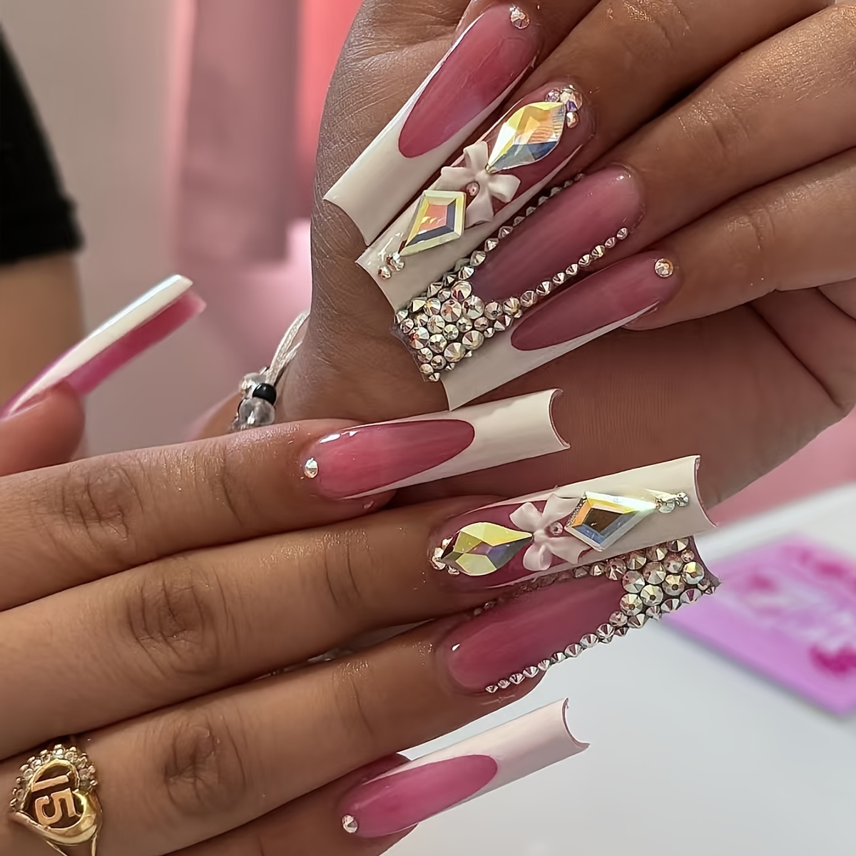 TEMU 24pcs Long Tube Fake Nails With Glitter & Press-on Nail Extensions - Glossy Acrylic Nail Tips Suitable For Women &, Parties, Weddings, - Gel Glue & File Included