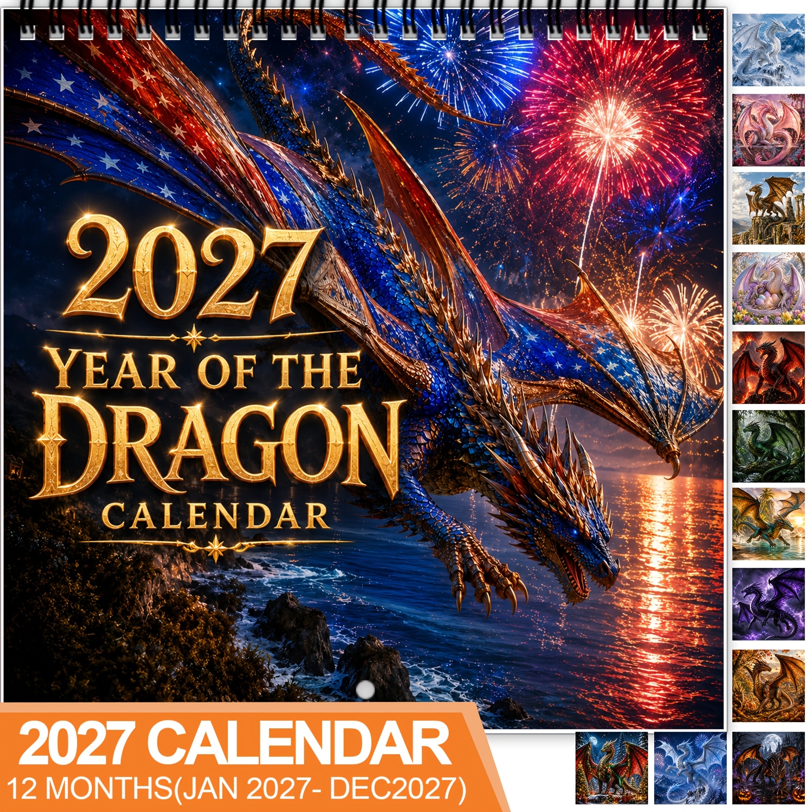 TEMU 1pc 2027 Dragon Wall Calendar, Spiral-bound 12-month Monthly Planner With Thick Glossy Paper, Displays Dragons In Festive, Luminous And Vibrant