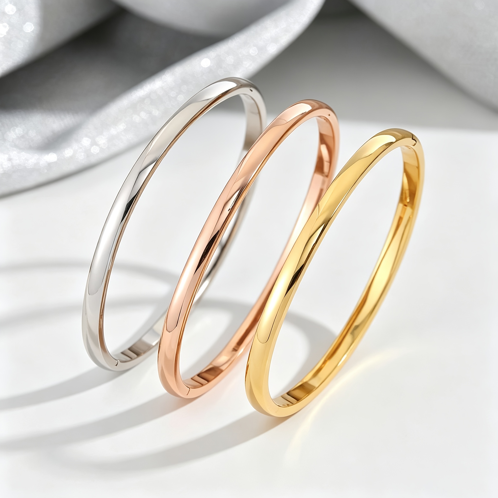 TEMU 3pcs Set Of Smooth Stainless Steel Stackable Bracelets, Light Luxury Bracelet Set, Unisex Couple's Bracelets, Women's Jewelry Set, Fashionable