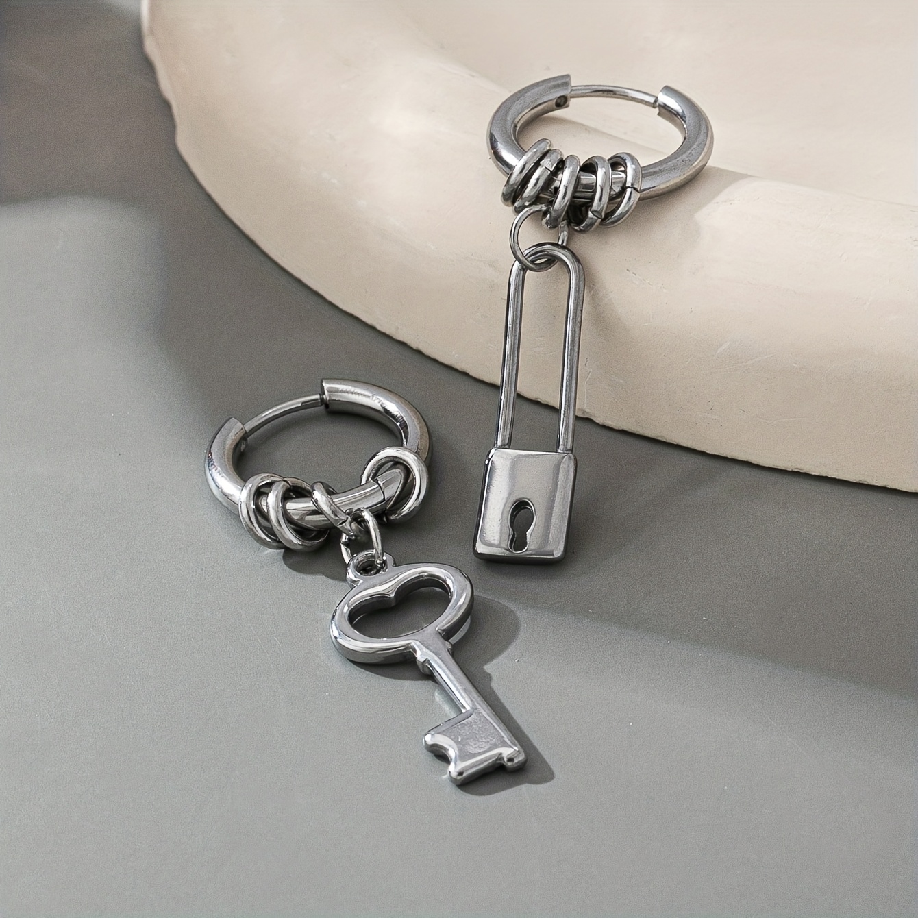 Women's Punk-Style Asymmetrical Lock and Key Earrings