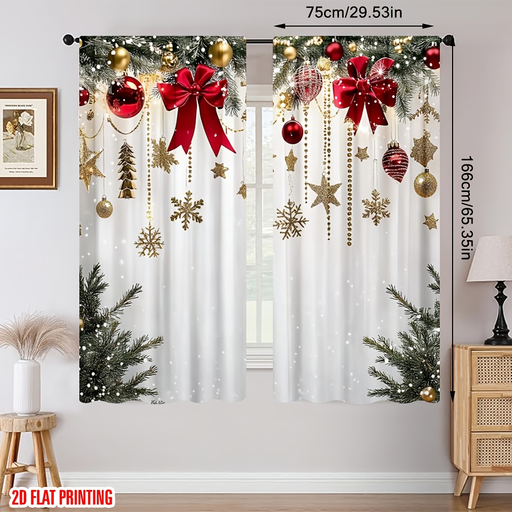 TEMU 2d Flat, 2d Flat Printing 2pcs Merry Christmas Curtain Red Bow Durable 100% Polyester Fabric Without Electricity Spring Party & Holiday Decor
