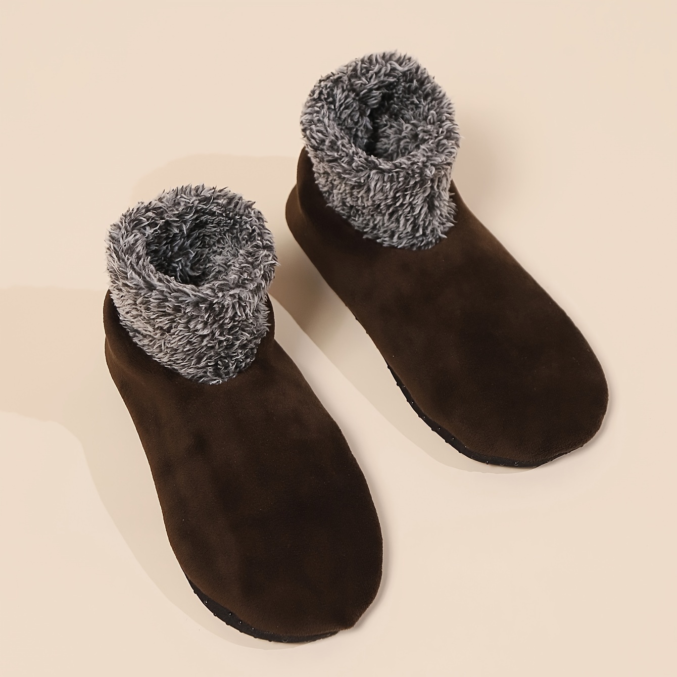 

Winter Men's Floor Slipper Socks 1 Pair - Fleece-lined Booties With Non-slip Soles, 95% Polyester 5% Elastane, Solid Color Knit Fabric, Or Professional Cleaning Recommended