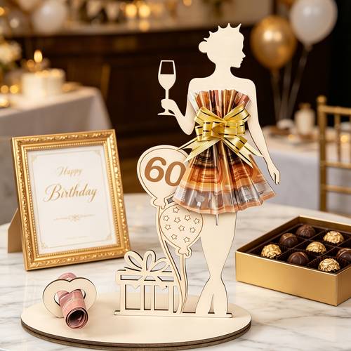 1pc wooden party table centerpiece birthday party table decoration 60th birthday party gift cash holder specifically designed for women woman holding a cup cash as skirt design