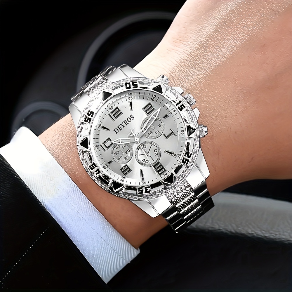 TEMU Men Watch Luxury Men's Quartz Wristwatch Stainless Steel Strap, Round Alloy Case, Large Dial Business Watches | Fashion Watch Design | Durable Watch Ideal For Gifts