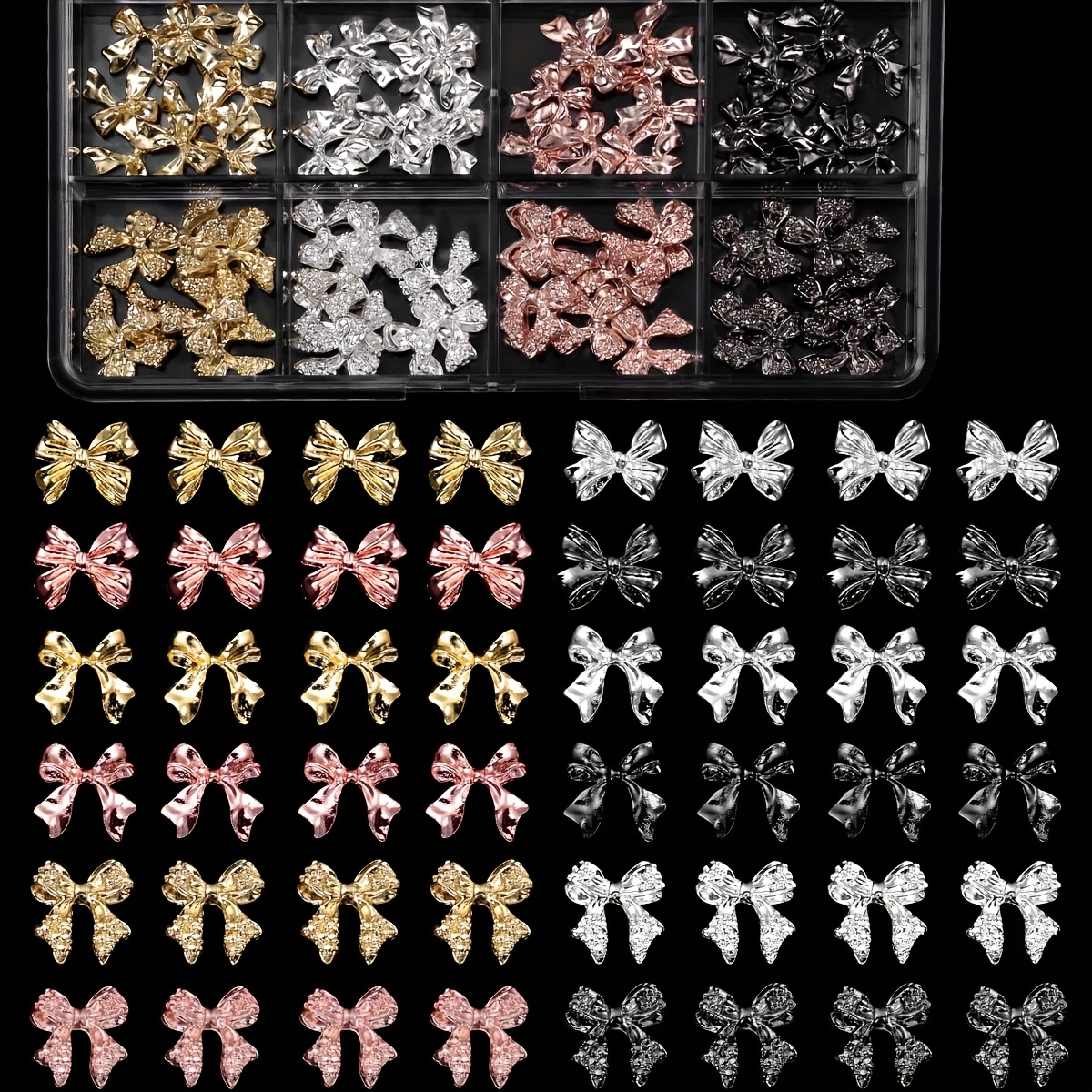 Image of 96pcs Alloy Bow Nail Charms And Gems, Silver Bowknot Metal Nail Art Charms, Shiny Luxury Cute Bow Nail Jewelry For Nails Design Manicure Accessories