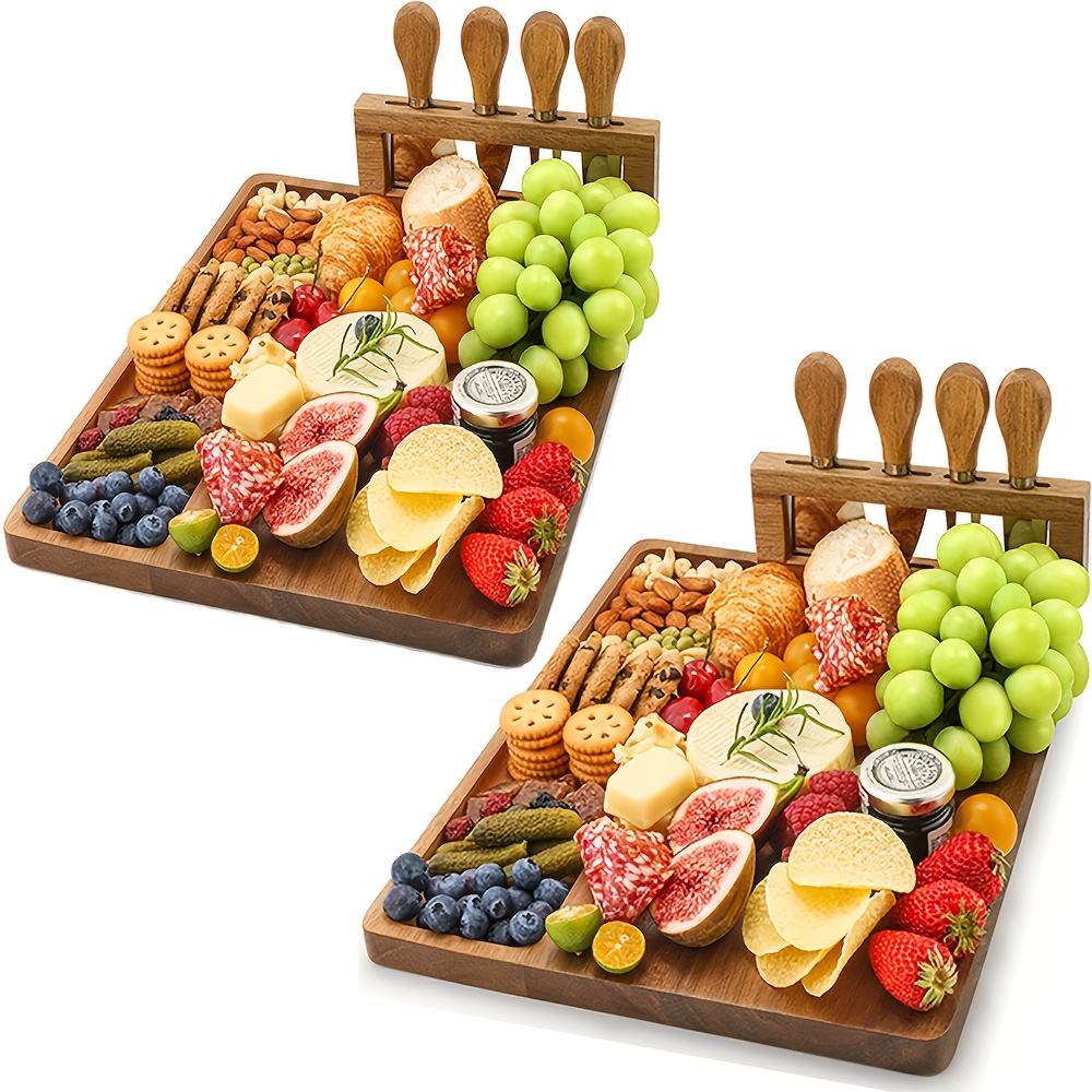 TEMU 2/1 Sets Of Wood Cheese Board Set-charcuterie Sets, Cheese Tray, Appetizer Board And Meat Platter With 4 304stainless Steel Cheese Knives, Easy