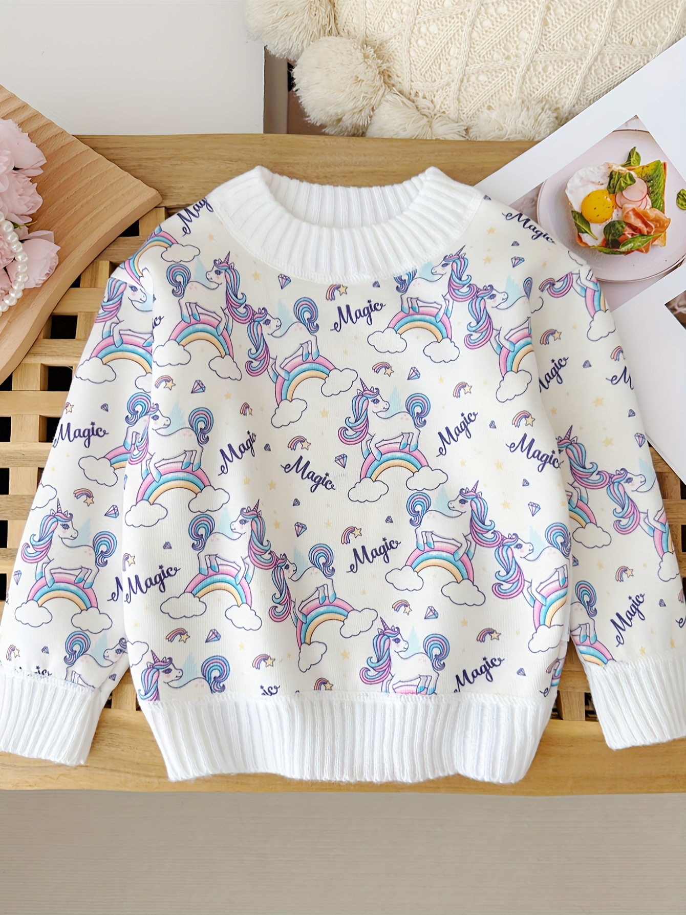 girls' cute unicorn print knit sweater long sleeve crew neck