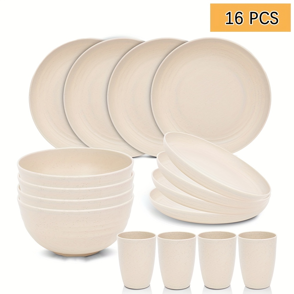 16pcs White Plastic Dinnerware Set Microwave Dishwasher Safe,  Shatterproof, Lightweight Cups, Plates Bowls Ideal for RV Camping, Pic