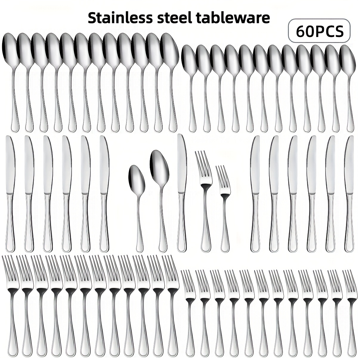 TEMU 72pcs 60pcs Stainless Steel Silverware Set, 12-person Cutlery Set, Cutlery Set Including Knife, Fork, Spoon, Steak Knife Set, Household,