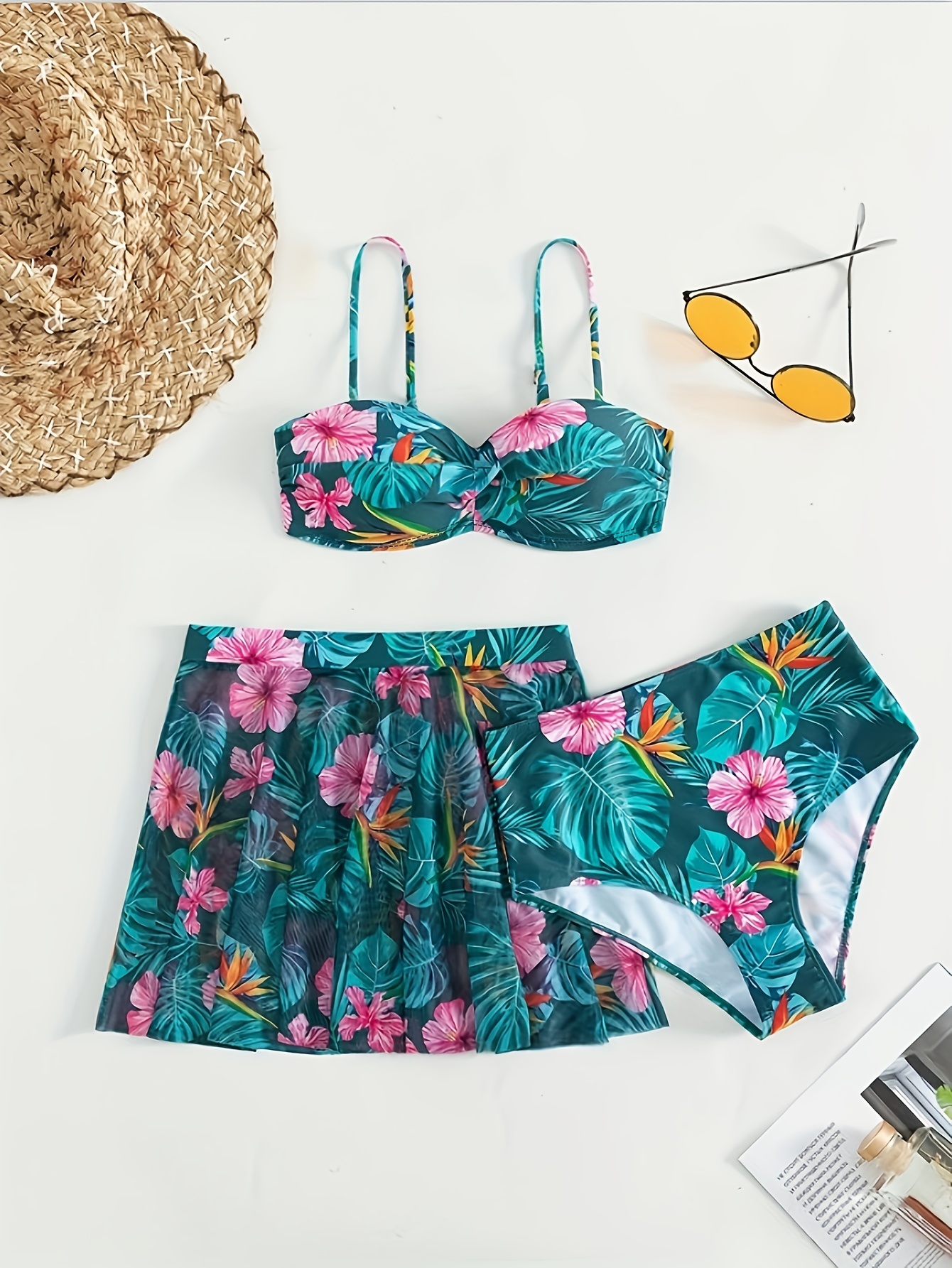 tropical print 3 piece set bikini spaghetti straps high cut with cover up skirt swimsuits womens swimwear clothing details 2