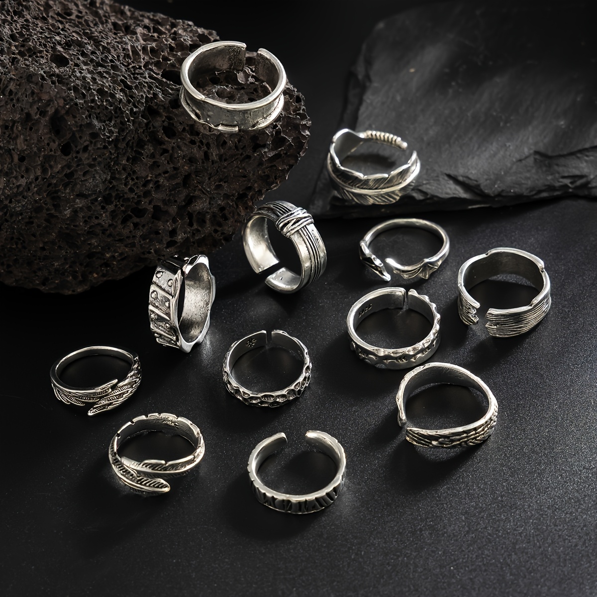 TEMU 12pcs Spring/summer Distressed Feather Carving Men's Ring Set, Niche Ins-style Streetwear Stackable Rings