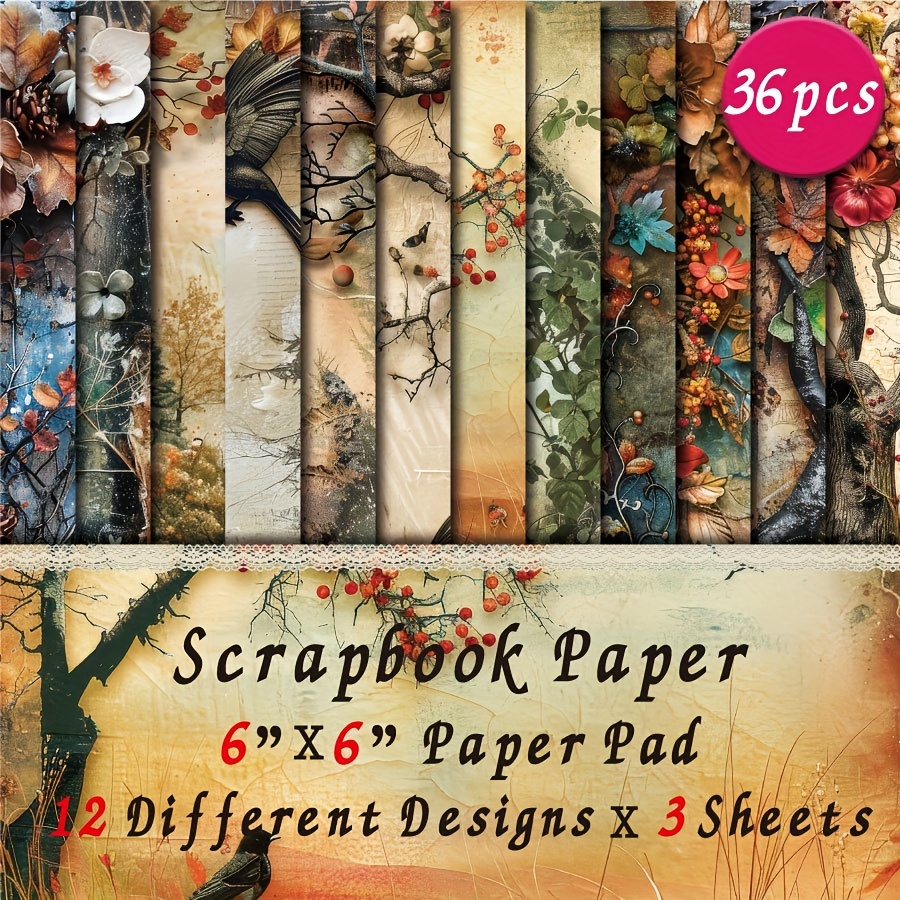 

36 Sheets Junk Journal Scrapbook Paper Pad In 6*6'': Art Craft Pattern Paper For Scrapbooking, Diy Decorative Backgrounds, Flower Tree Designs - Card Making Supplies