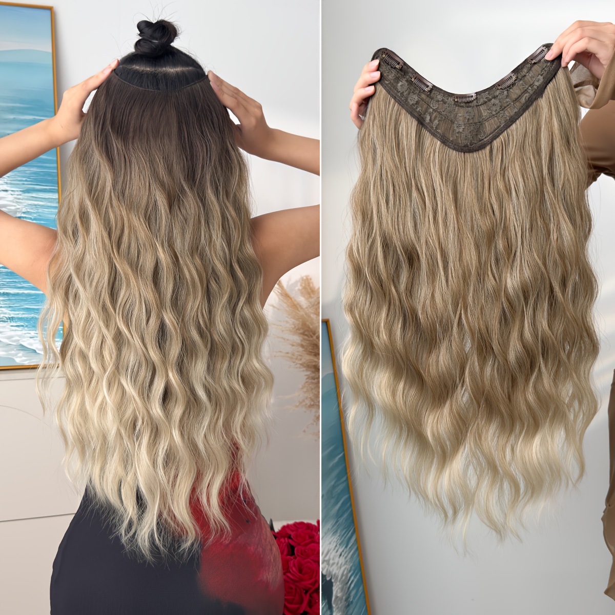 TEMU Clip In Hair Extensions V-shaped Ombre 24 Inch Long Water Wave Heat Resistant Fiber Synthetic Hairpiece For Women Use