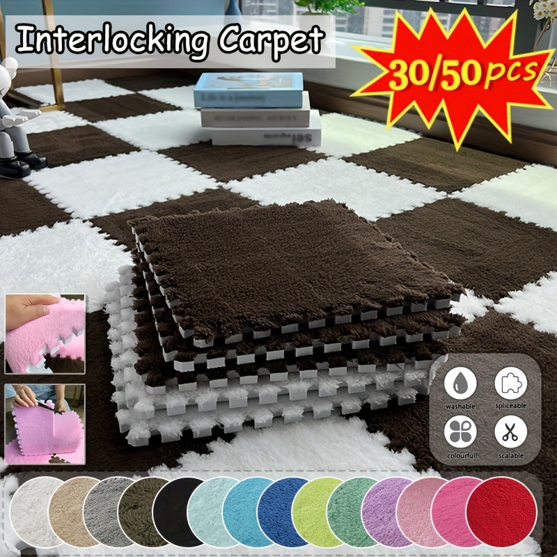 

30/50pcs Washable Plush Foam Soft Interlocking Puzzle Floor Mats - Mosaic Carpet For Bedroom, Living Room, Kitchen, Balcony - Anti-slip, Quick-drying Square Carpet - Entrances & Windows, Bedside Use