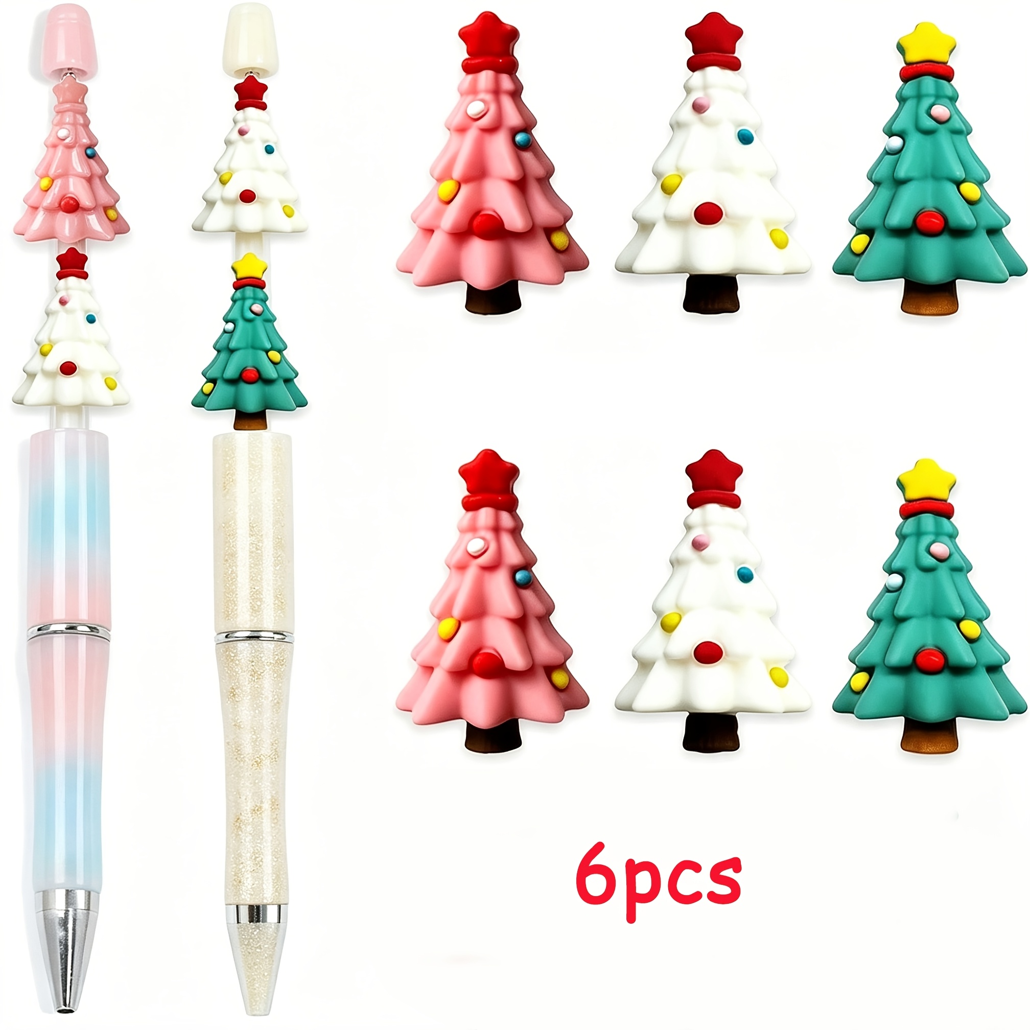 TEMU 6pcs 3d Christmas Trees Silicone Beads, Xmas Tree Silicone Beads For Keychain Making, Creative Christmas Theme Loose Beads Bulk For Beaded Pen