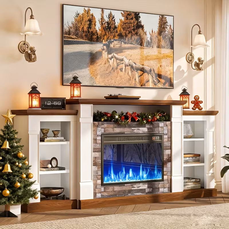 70-Inch Electric Fireplace TV Stand with Mantel - Modern Entertainment Center with Open Storage, LED Lights & Remote Control