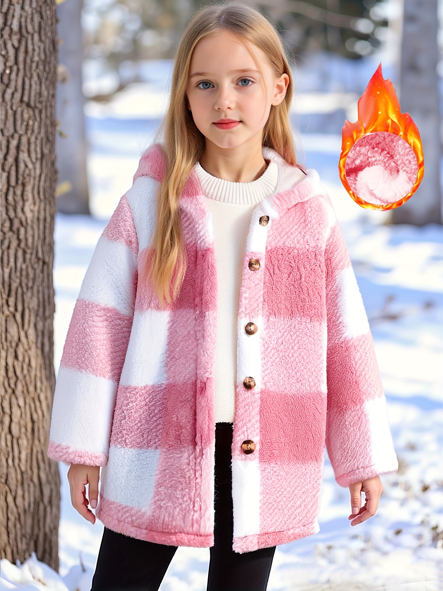 Girls' Loose Two-Tone Plaid Hooded Mid-Length Plush Coat Sizes 120-160 Warm Suitable for Autumn And Winter Casual Daily