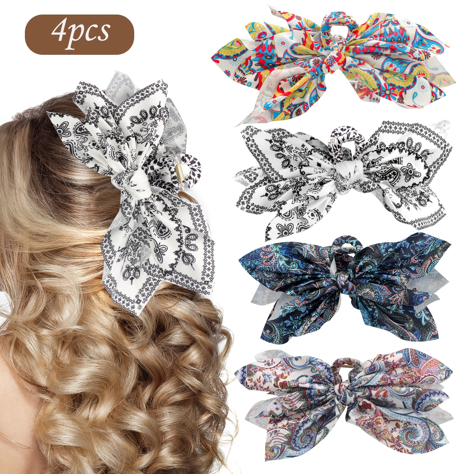 TEMU 4pcs Elegant Bow Hair Claw Clips, Vintage Style Hair Accessories, Plastic No-feather Hair Grab For Women And Girls