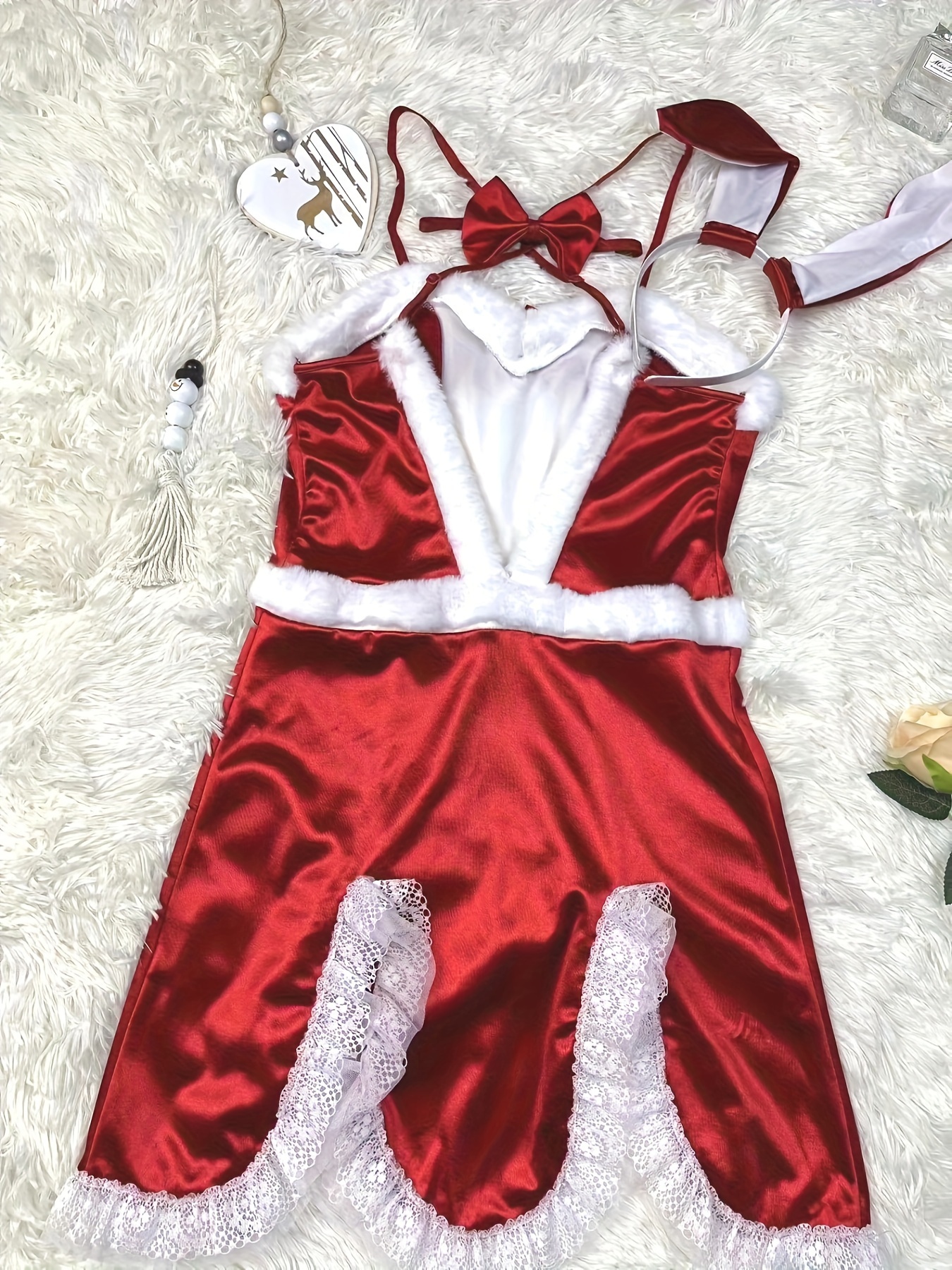 Traje de cosplay de coelho impertinente do dia * namorados, laço colorblock  nó contraste renda fuzzy guarnição sem * vestido cami, lingerie sexy ...