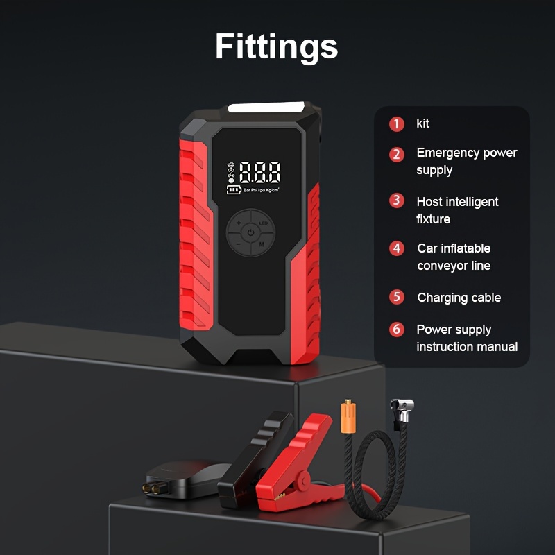 TEMU Portable Car Starter With Air Compressor And Battery Clips, 5000a Battery Starting Power Supply, Suitable For 8.0-liter Gasoline And 7.0-liter Vehicles, With Usb Port And Led Flashlight