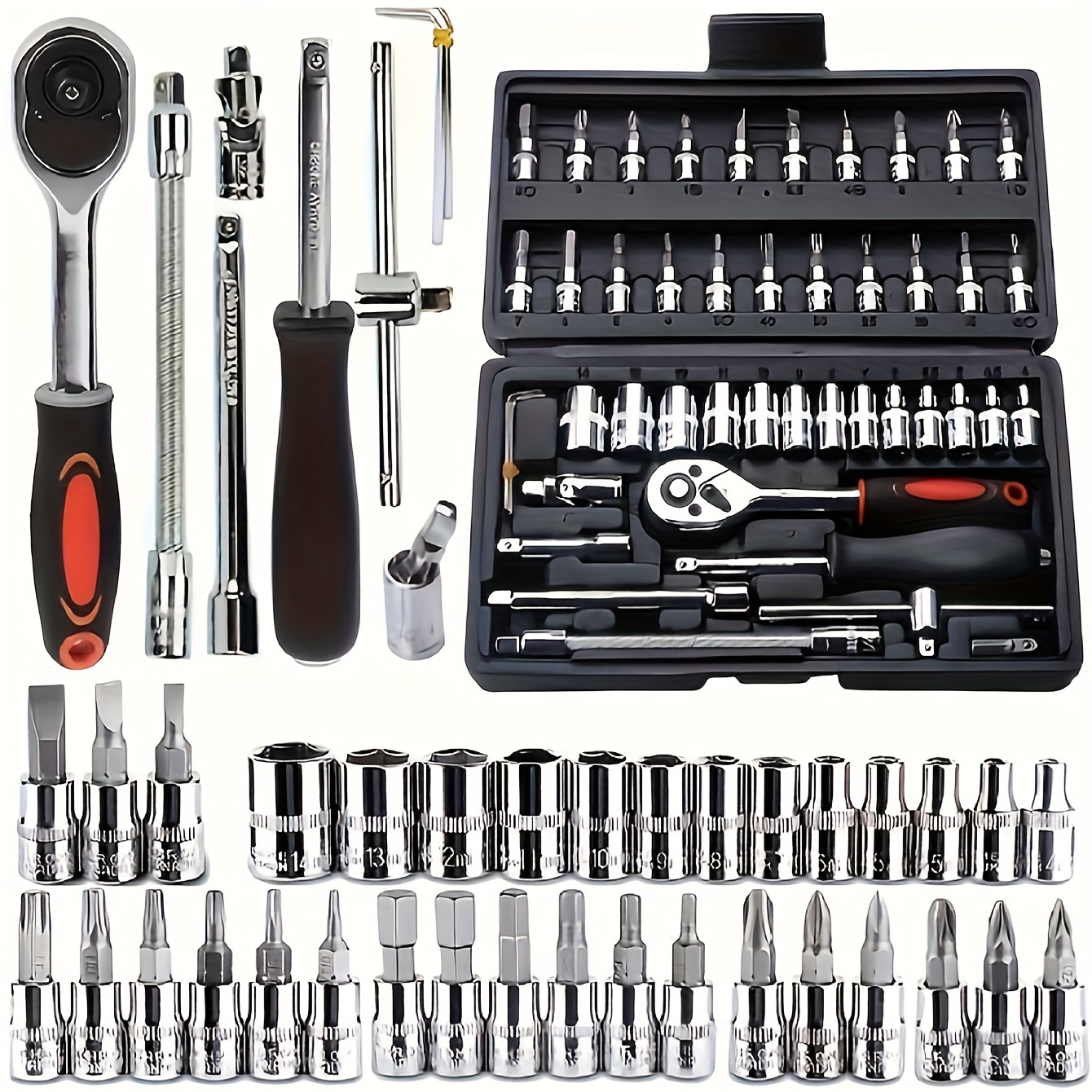 TEMU 46pcs Car Repair Tool Kit: Ratchet, Torque Wrench, Screwdriver & Socket Set - Steel, High Hardness & Rust-proof For Hobbyists And Pros