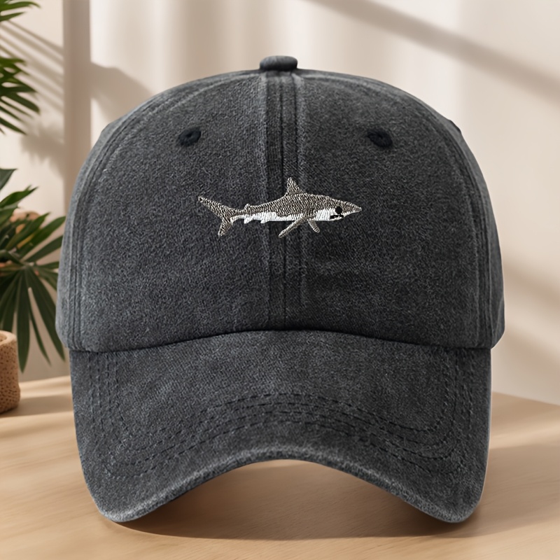 High-quality Shark Embroidery Baseball Washed Distressed Hat Adjustable Breathable Moisture-wicking Duckbill Cap