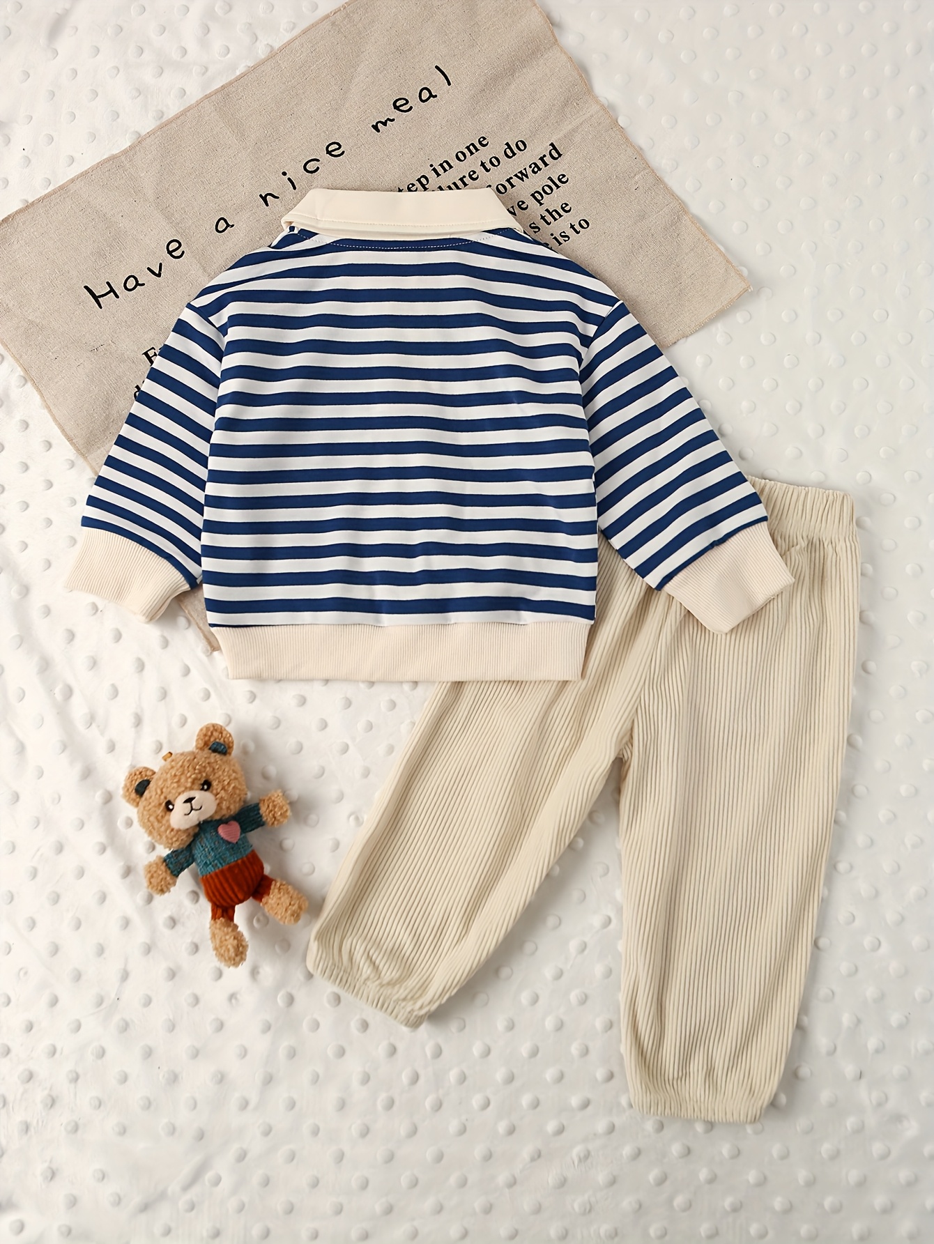 2pcs baby boy autumn and winter outfit featuring a blue and white striped long sleeve   shirt with a bear embroidery on the pocket   with beige corduroy casual pants the soft and comfortable corduroy material provides   Product details 0