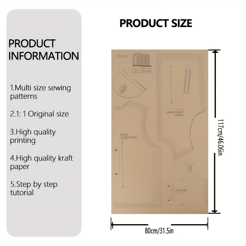 TEMU Modelli di cucito per gilet imbottito da in 7 taglie XS-XXL, kit di cucito per principianti per abbigliamento da , modelli di cucito rifilabili