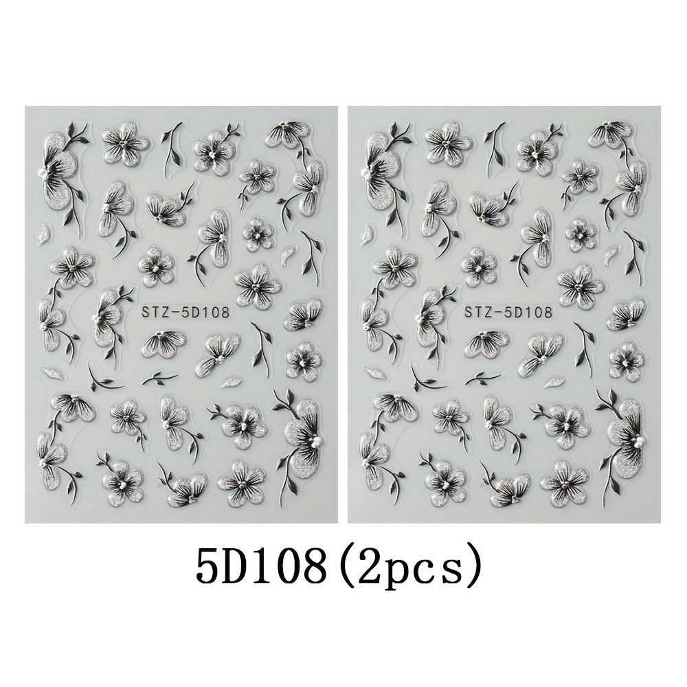 Image of Set Of 2pcs Of Dark Floral Nail Stickers, Featuring Embossed 5d Summer Black Floral Designs, Self-adhesive Acrylic Nail Decorations, Perfect For Women's And ' Nail Art Supplies