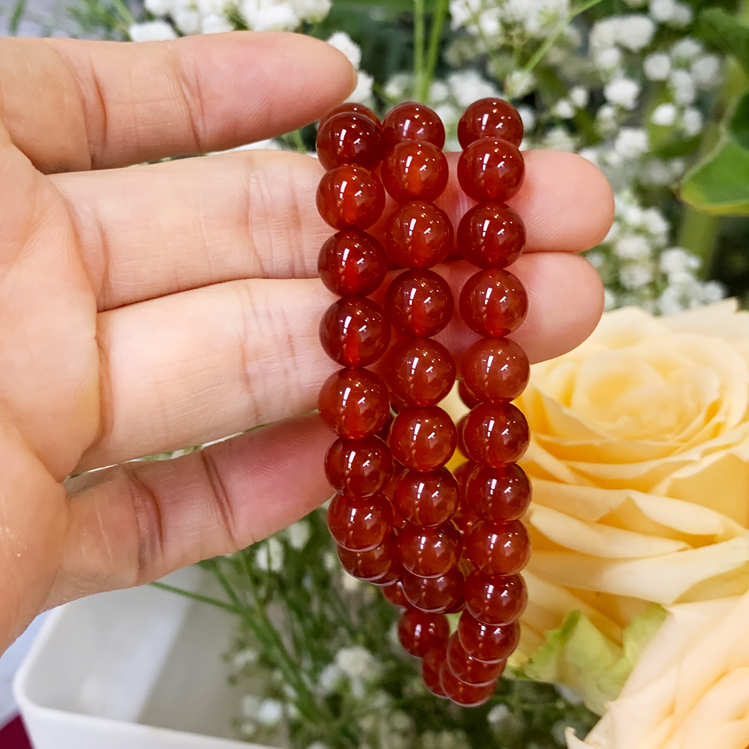 Red Agate Beaded Bracelet Single Strand Style