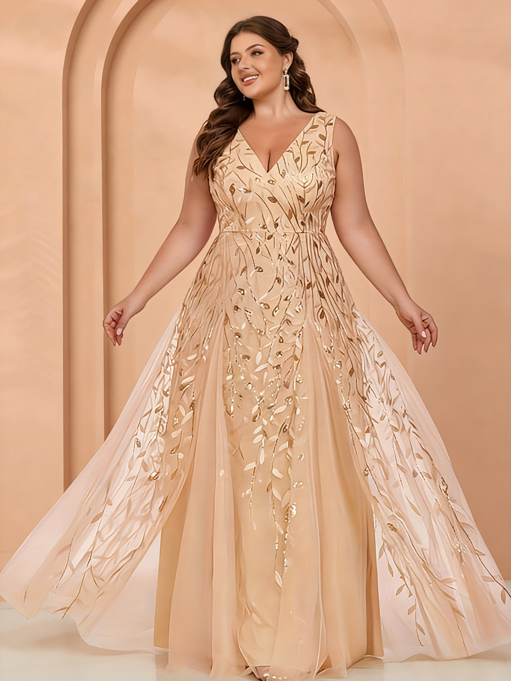 slim fit dress slacks Final Sale Plus Size Gown in Gold Foil Fabric with Side Slit main image 1