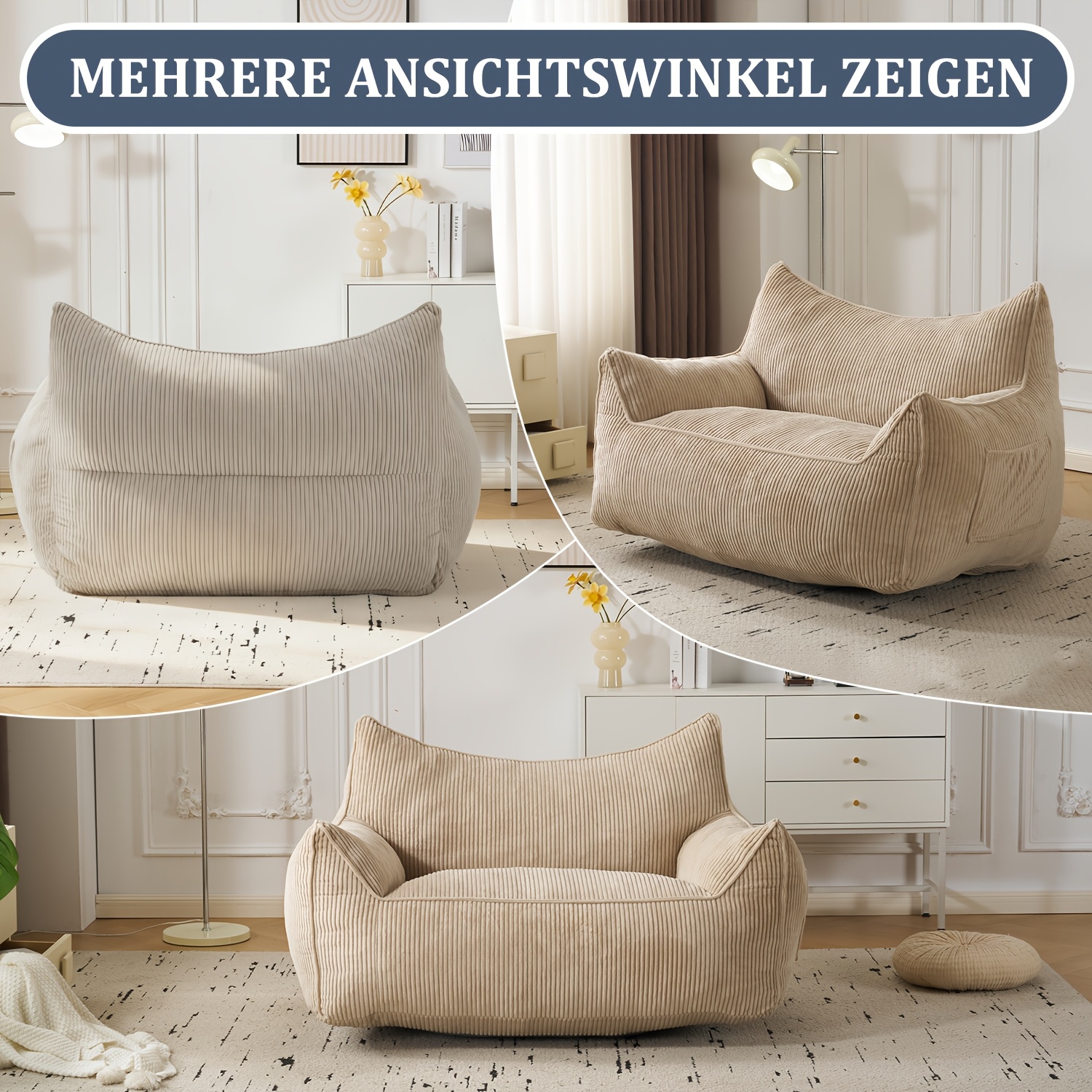Image of A Corduroy Bean Bag Chair With A Backrest, Suitable For Adults, Large Faux Fur Bean Bag Chair, Featuring Comfortable Armrests Made Of High-density Foam