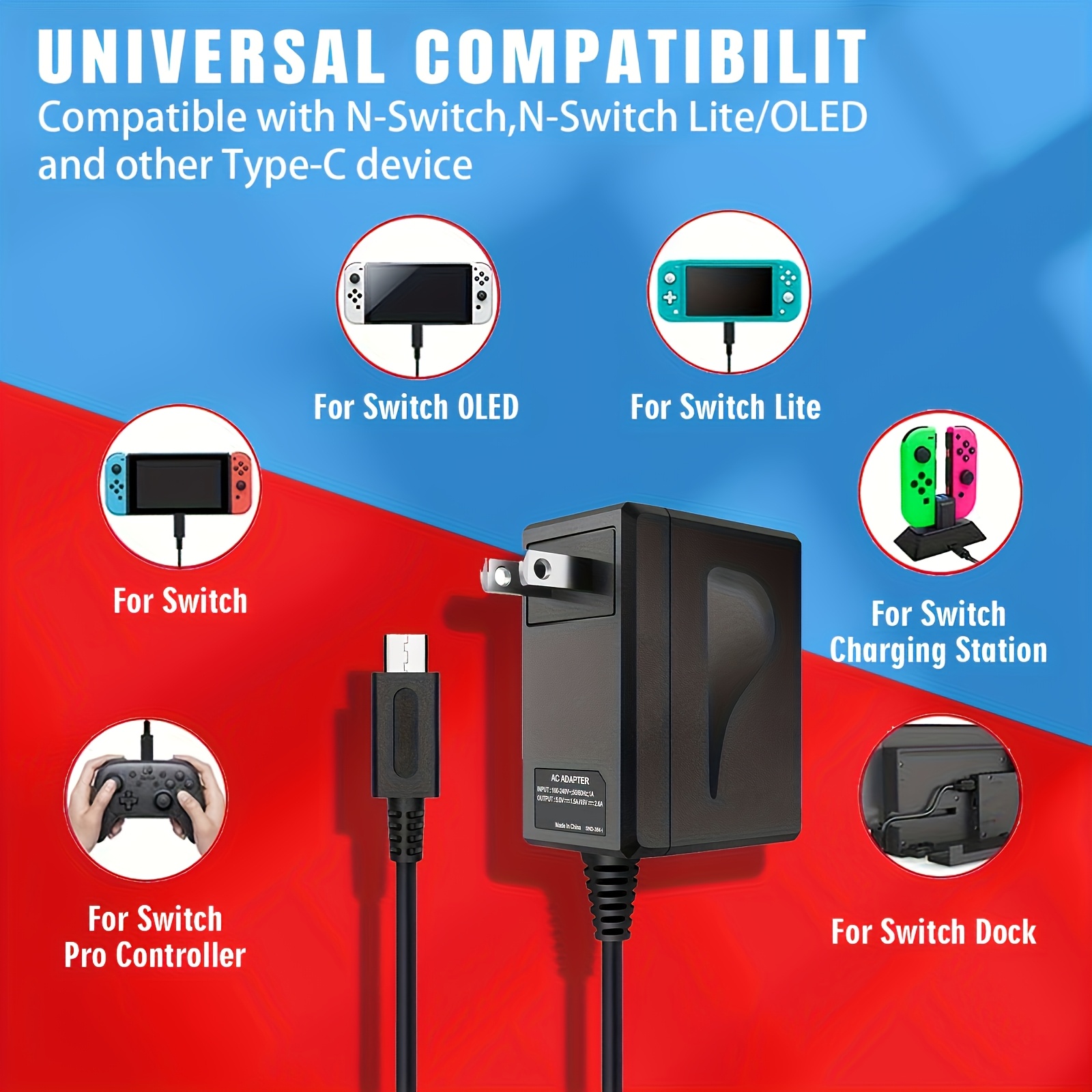 for   for switch fast charger 45w ac adapter with 15v 2 6a power   5ft usb c cable for switch lite   dock supports tv mode details 0