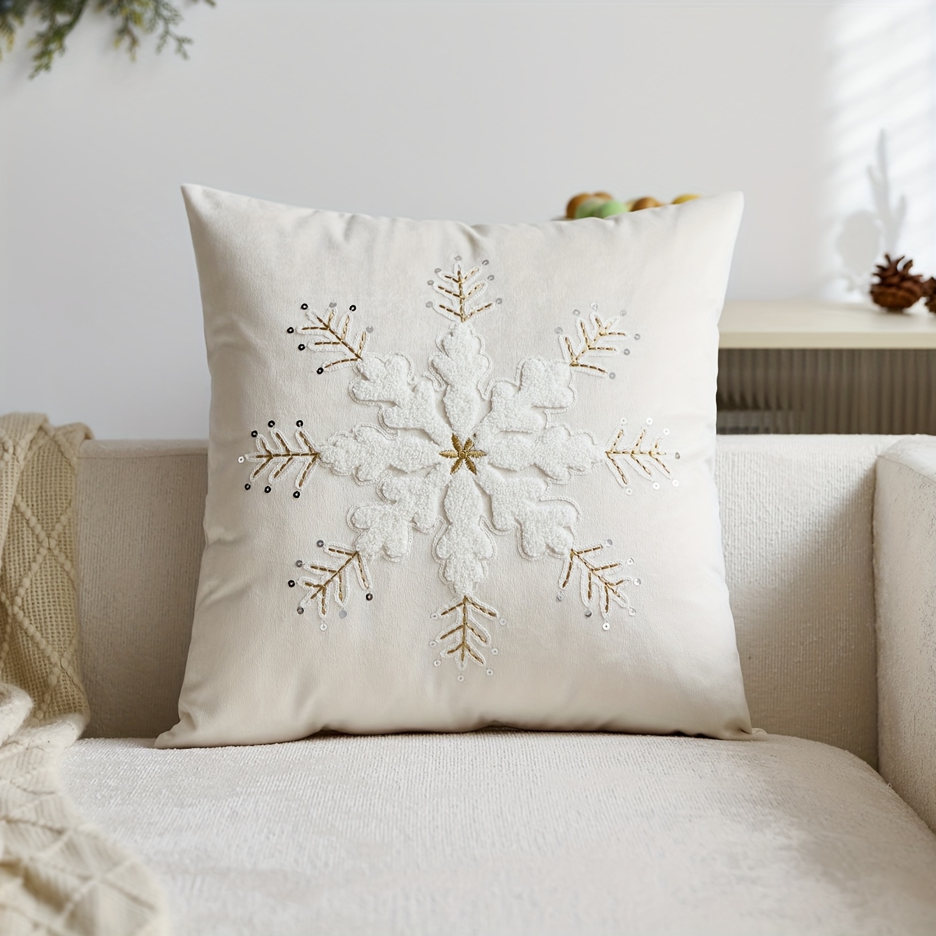 1pc, Velvet Christmas Pillowcase, Snowflake Christmas Trees Throw Pillow Covers, Single Side Embroidery, 17*7*17. 7inch, Suitable For Sofa, Living Room, Bedroom Home Decoration, No Pillow Core