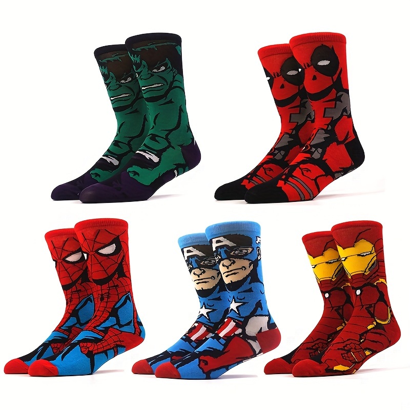 

5 Pairs Of Men's Trendy Cartoon Superhero Pattern Crew Socks, Breathable Cotton Comfy Casual Unisex Socks For Men's Outdoor Wearing
