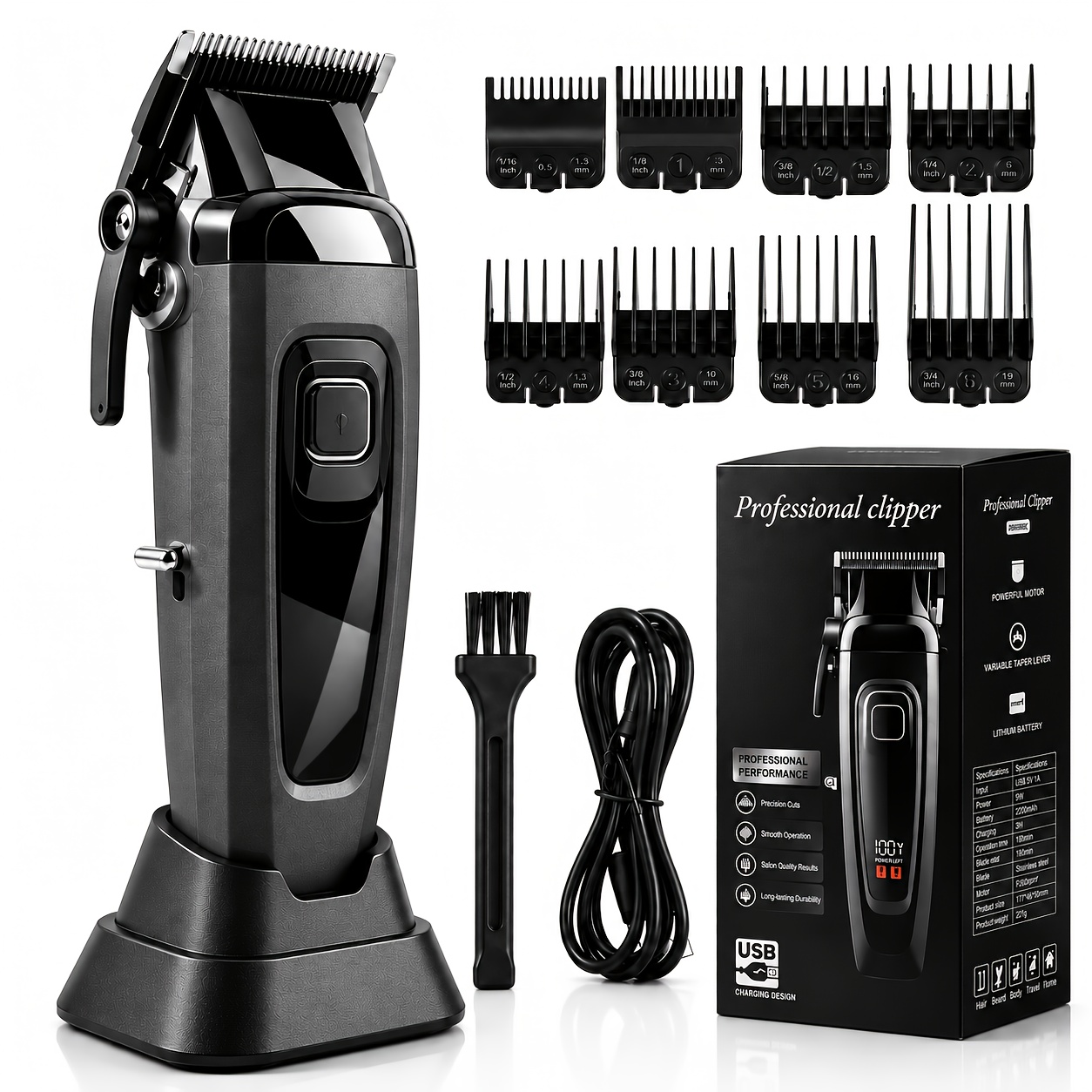 TEMU Professional Hair Clippers For Men, Cordless Barber Hair Trimmer With Charging Base, 8 Guide Combs, Lcd Display, Type-c Rechargeable Electric