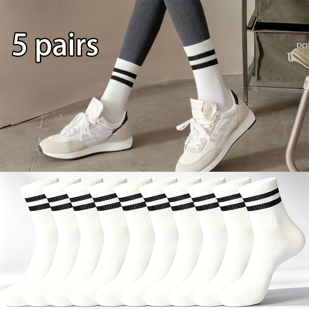 TEMU 5 Pairs Black And White Striped Long Athletic Socks, Sweat-absorbing And Breathable, Wear-resistant, Suitable For Outdoor Hiking Camping Casual