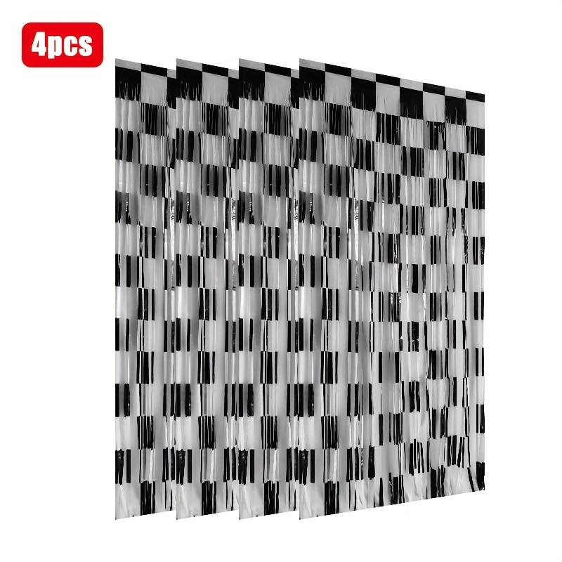 Image of 2/4 Pack Racing Car Birthday Foil Backdrop, Black And White Checkered Foil Fringe Streamer, Racing Car Theme Party Decoration, Race Car Photo Booth Props, 1 Happy Birthday Party Decorations Supplies