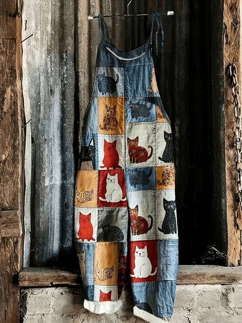 fashionable printed bow loose comfortable casual overalls cartoon kitten