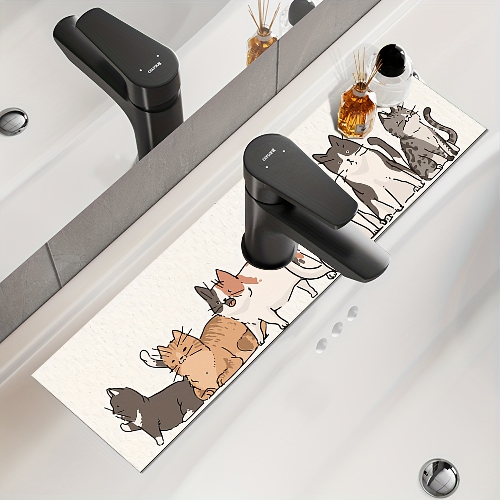 

Cat Pattern Absorbent Drying Mat For Kitchen & Bathroom Faucets - Quick-dry Pad For Countertops And Home Decor