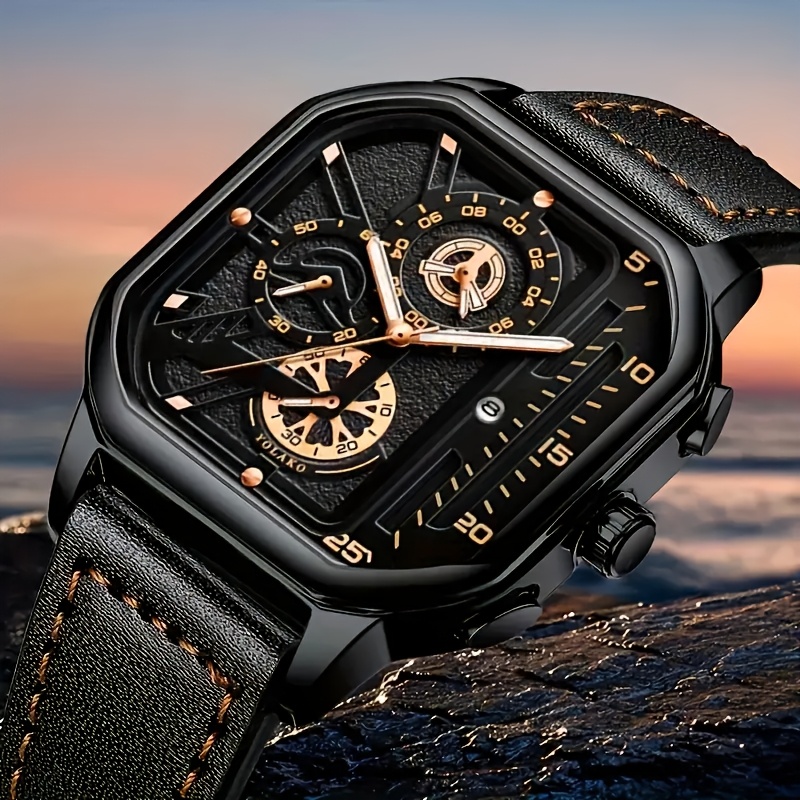 1 reloj deportivo cronógrafo para hombre de época - Gran esfera cuadrada, correa de cuero sintético, movimiento de cuarzo, función de calendario, caja de aleación no impermeable, accionamiento electrónico alimentado por batería, ideal como regalo para él