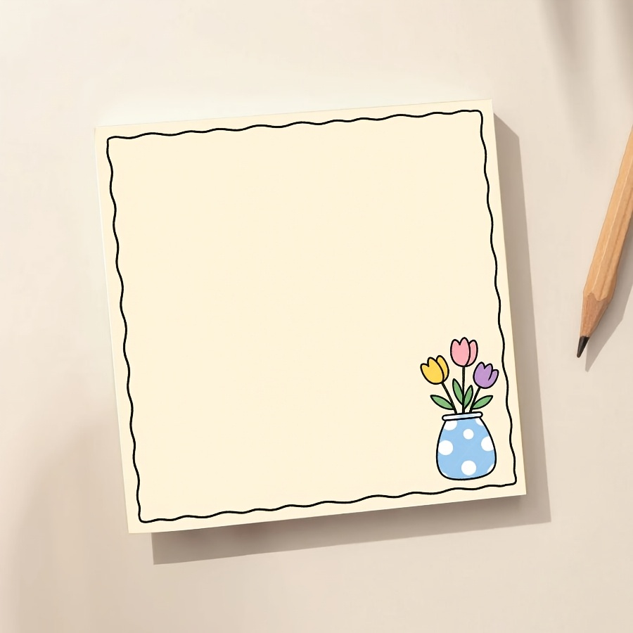 TEMU Pastel Kawaii Tulip Vase Memo Pad - Square Minimalist Journal Planner Paper With Cute Floral Desk Notes Suitable For School, Office,