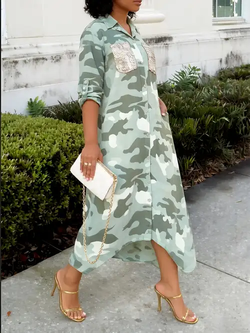 off the shoulder camo dress Camo Maxi Dress With Faux Leather Obi Belt | Cotton Military Print