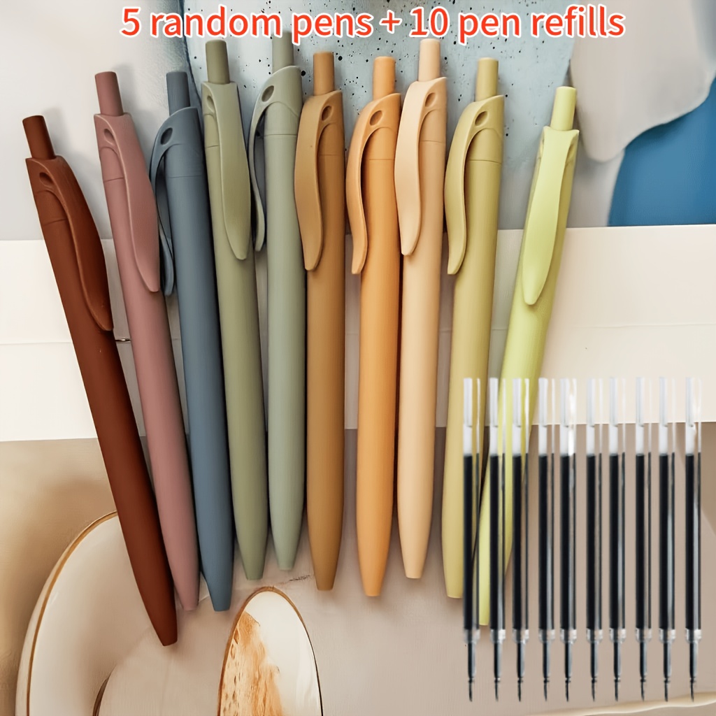 TEMU 15pcs Earth- Set, Suitable For Note-taking, Black Ink, Random 5pcs Pens And 10pcs Refills Included, Retractable Cute Pens, Ideal For Journaling,