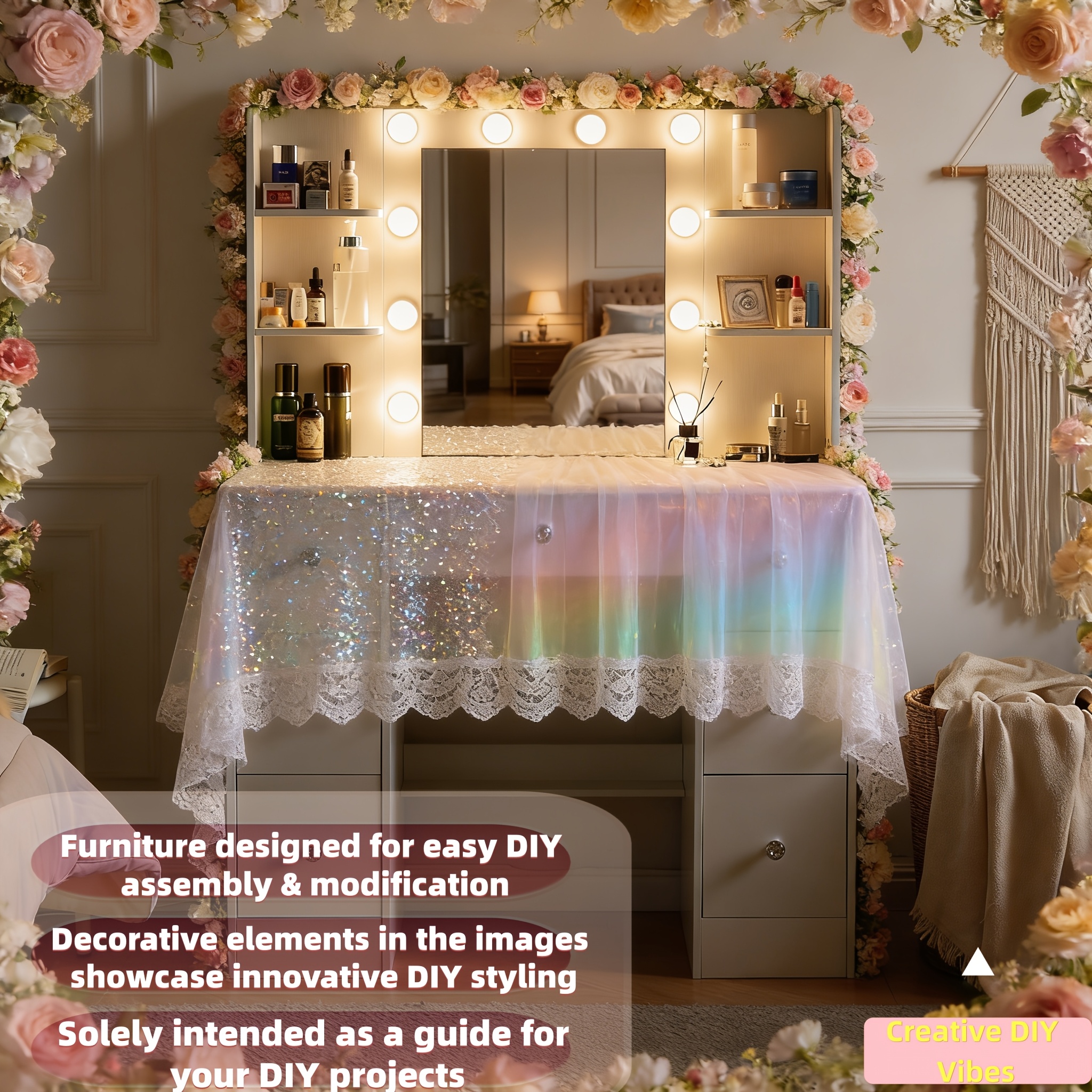 DIY-Friendly Modern Nordic Solid Wood Desk with Adjustable Lighting & LED Mirror